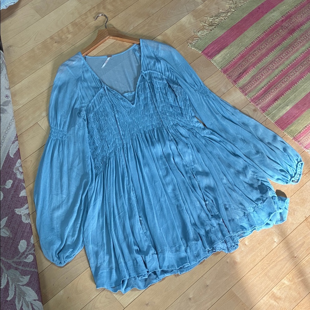 Free People Light Blue Smocked V-Neck Mini Dress